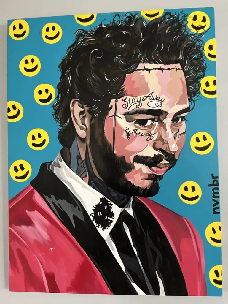 Post Malone portrait on a smiley-face ground, signed nvmbr