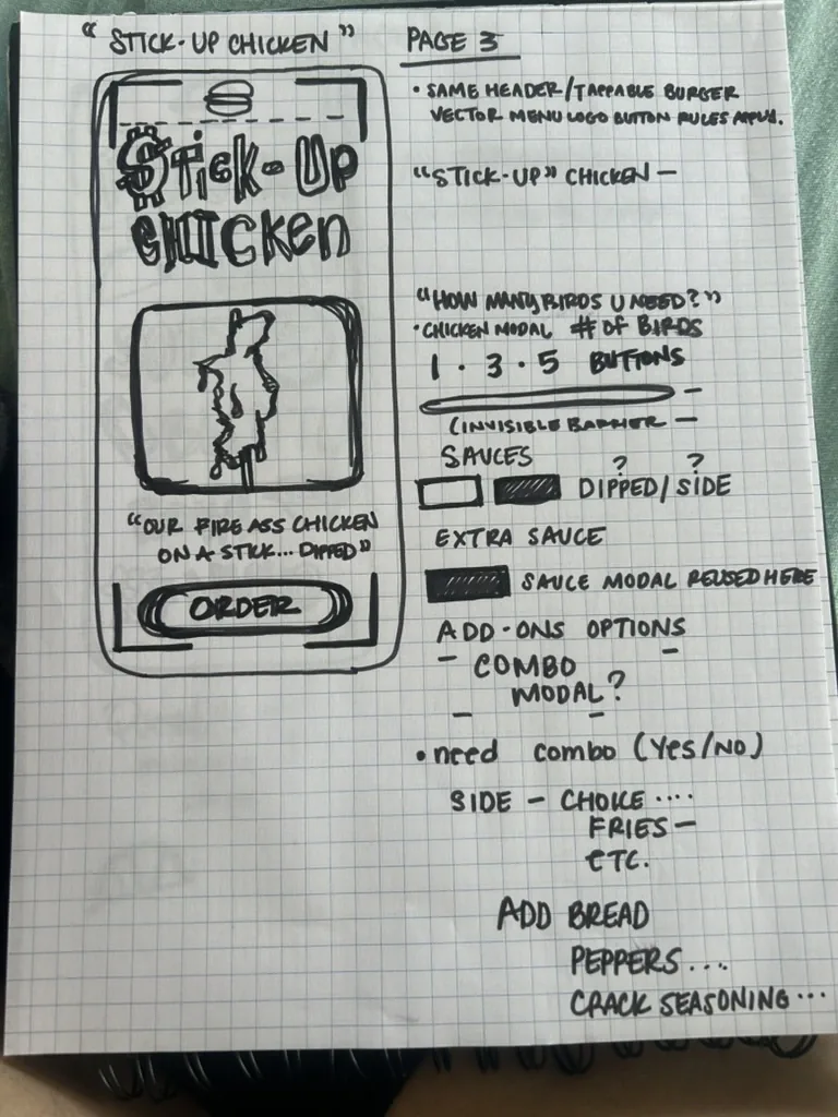 Stick-Up Chicken page wireframe