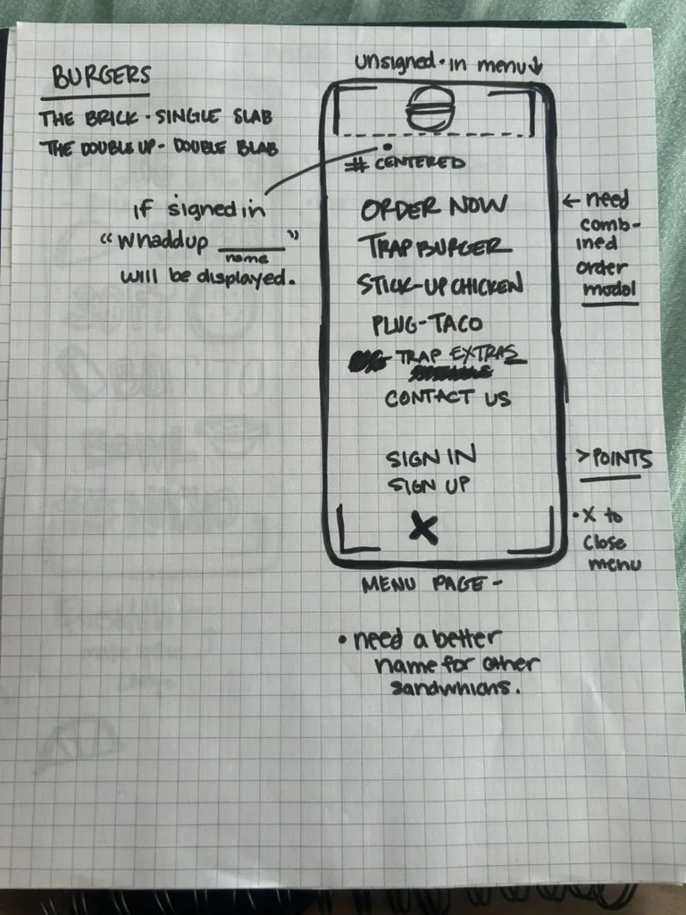 Trap Burger menu page wireframe with signed-in state