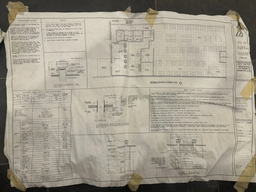 Kitchen exhaust system plan and hood sections